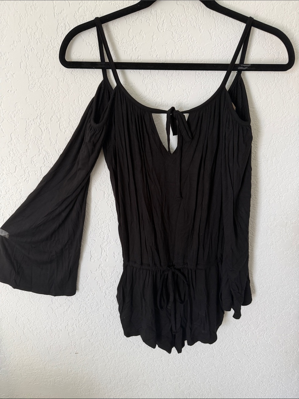 NWT Black Cold-Shoulder Drapey Romper with Tie Neck